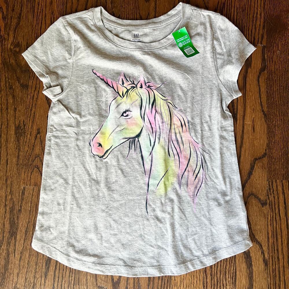 New Gap Kids Girl's Heather Gray Unicorn Graphic Short Sleeve Tee - L (10)